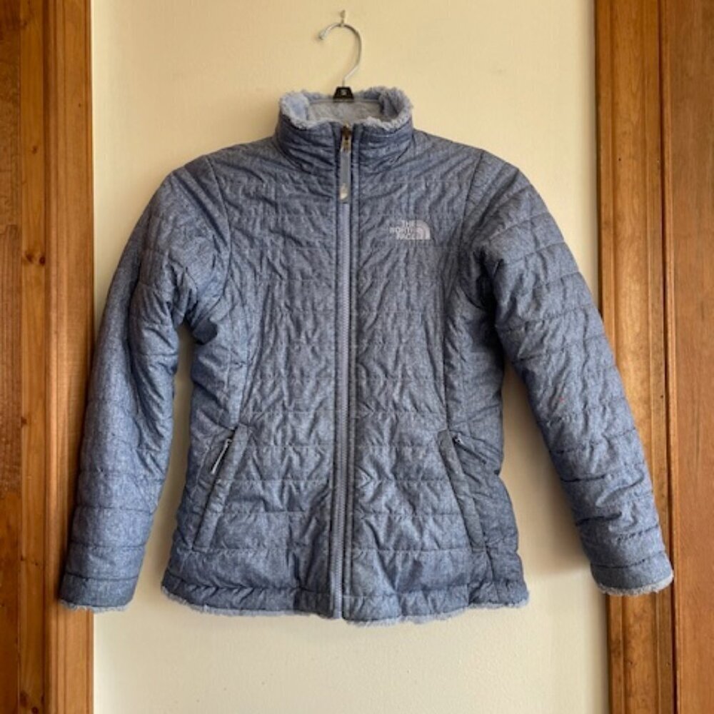 THE NORTH FACE Reversible Speckled Mossbud Swirl Blue Puffer Jacket Girl…